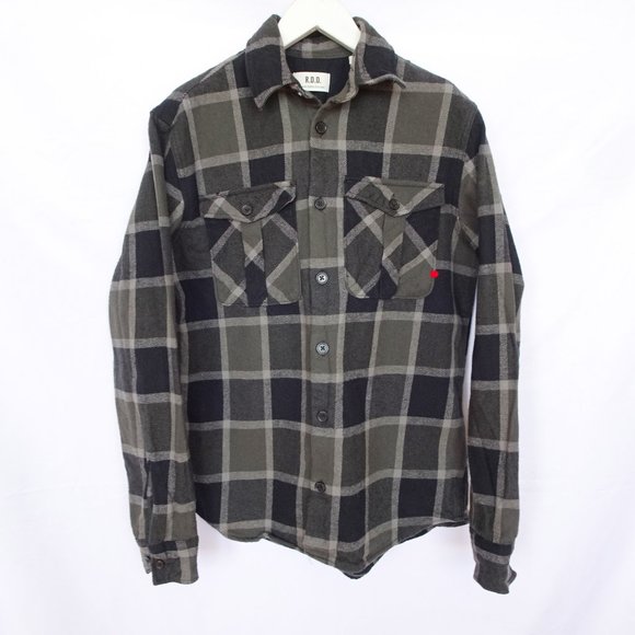 Royal Denim Division Flannel Plaid Gray Green Button Shirt - Picture 1 of 5